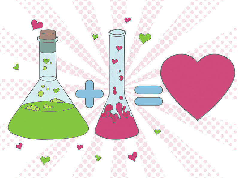 Colourful Love chemistry vector illustration. Chemical tubes in Hand drawn style. Test tube with love fluid. Cartoon Inspirational romantic background. Love formula poster in pop art style