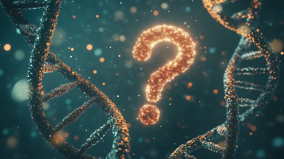 Glowing question mark amidst DNA strands.