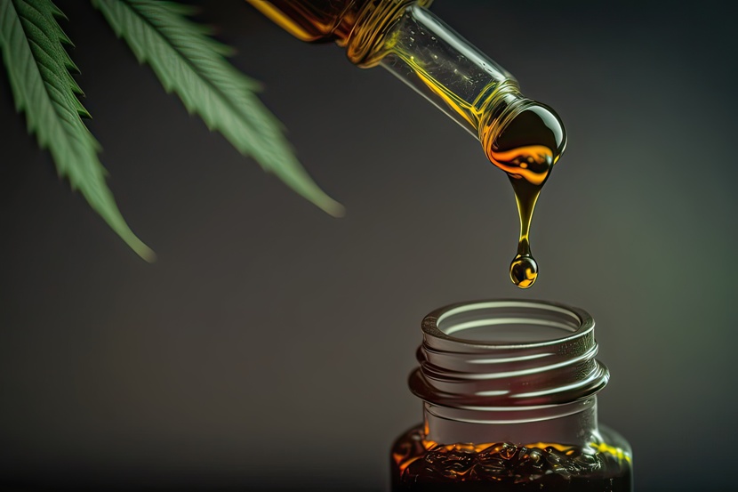 Tropfen Cannabisöl tropft aus der Pipette in eine Flasche