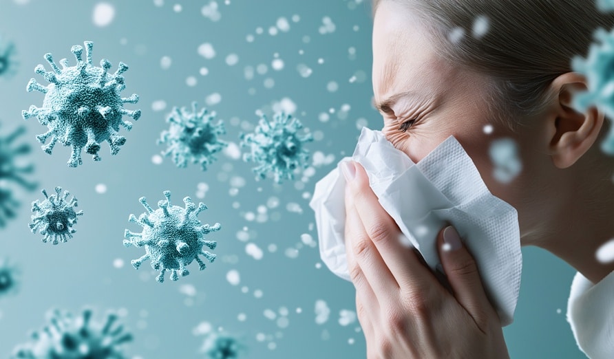 Young woman sneezing, coughing, and blowing her nose during cold and flu season highlighting health and illness concepts