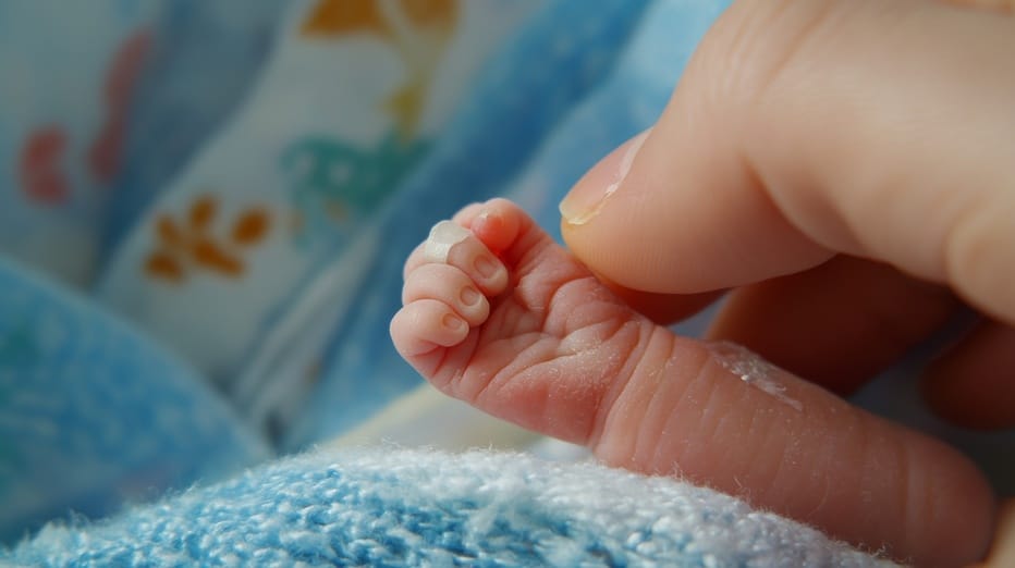new born baby hand hold mum index finger. concept : Premature or preterm baby in hospital. relationship between mother and baby.