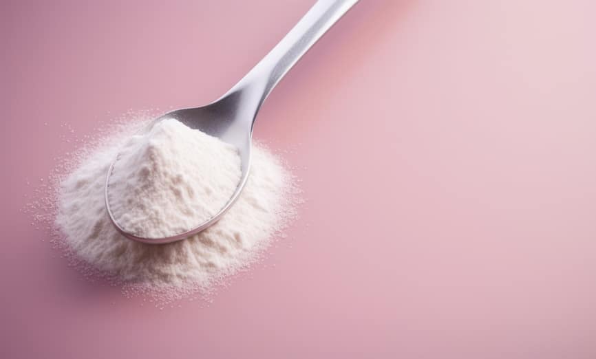 Spoon with collagen or protein powder on pastel background. Natural supplement for beauty and health of skin, bones, joints and intestines. Plant or fish based. Flatley, top view.