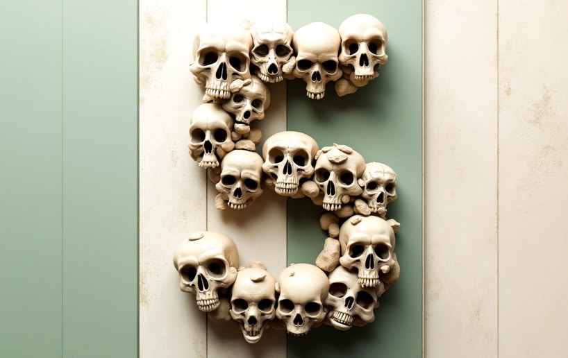 showcases a number five creatively formed using multiple skulls arranged against a backdrop of textured pale green and beige panels. the skulls are in adding to the 's overall mysterious and slightly macabre aesthetic.