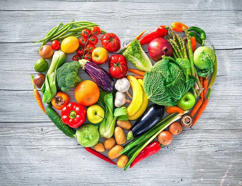 Heart shape by various vegetables and fruits. Healthy food concept
