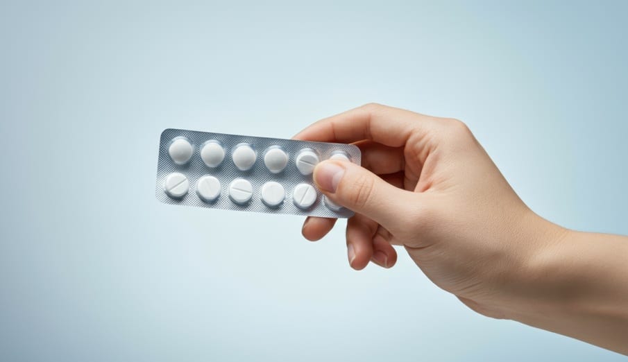 Hand holding blister pack of white pills on light blue background