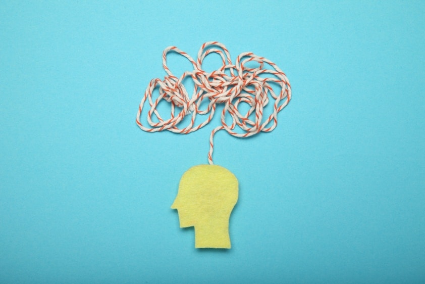 Confused memory, remember mind. Puzzled chaos. Person amnesia.